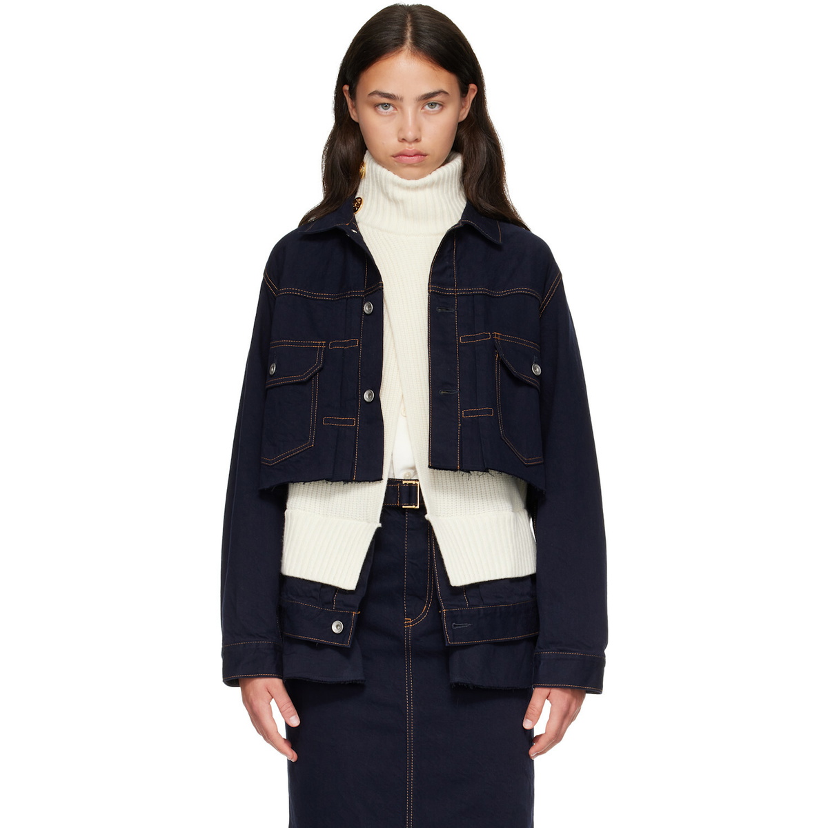 sacai Navy & White Wool Knit x Denim Jacket