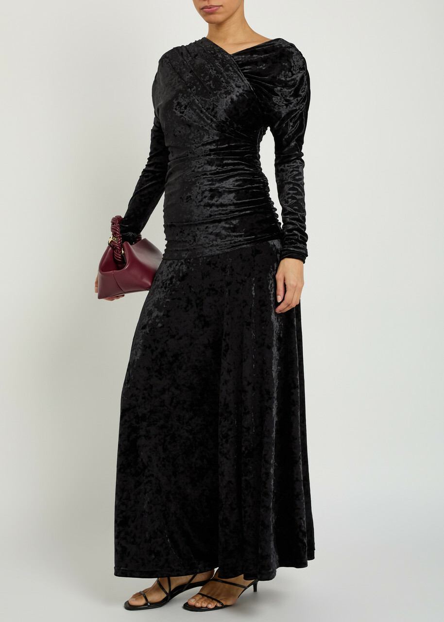 Ganni Ruched Asymmetric Velour Maxi Dress Black GANNI