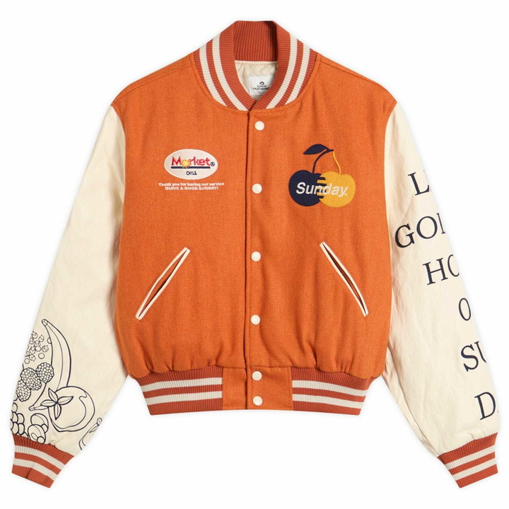 Photo: SUNDAYFRUITMARKET Women's Golden Hour Varsity Jacket in Orange