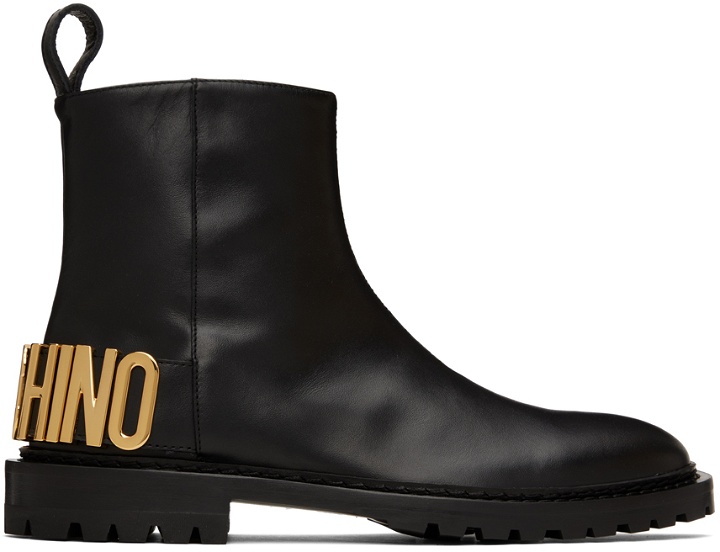 Photo: Moschino Black Maxi Lettering Zip-Up Boots