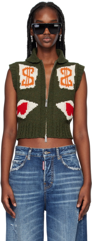 Photo: Dsquared2 Khaki Jacquarded Poker Cropped Vest