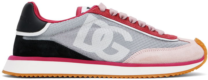 Photo: Dolce&Gabbana Gray & Pink Mixed-Material DG Cushion Sneakers