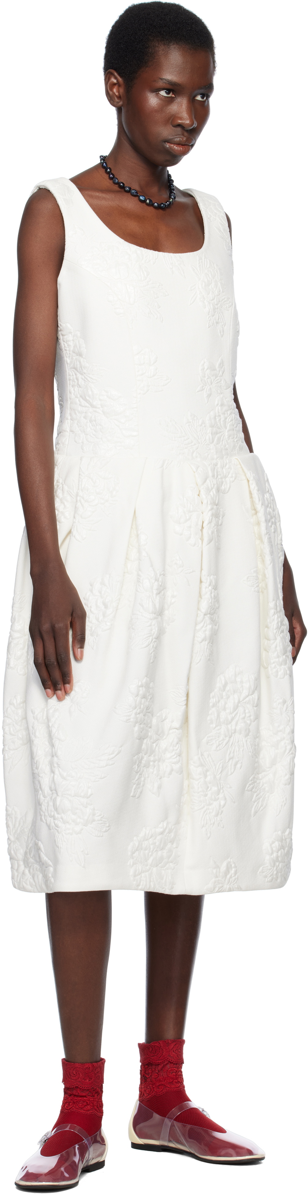Comme des Garçons Comme des Garçons White Floating Jacquard Flower Pattern Midi Dress