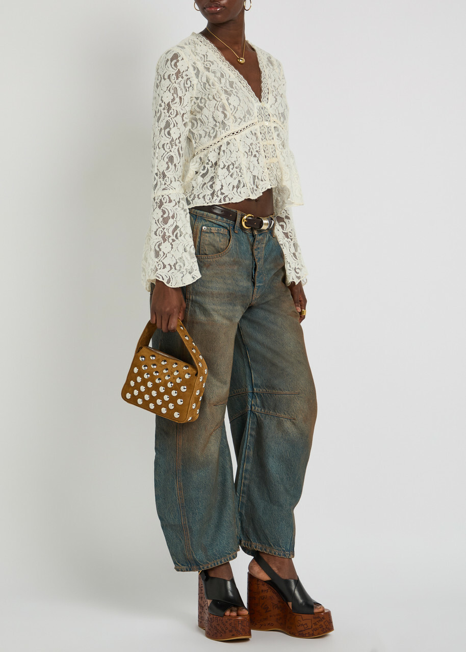 Free People Whispering Love Lace Cropped Blouse Cream