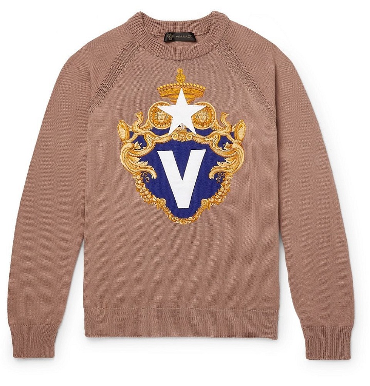 Photo: Versace - Appliquéd Cotton Sweater - Camel