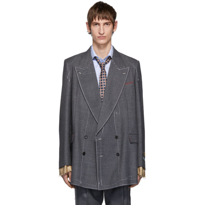 Gucci Grey Classic Sharkskin Double-Breasted Blazer Gucci