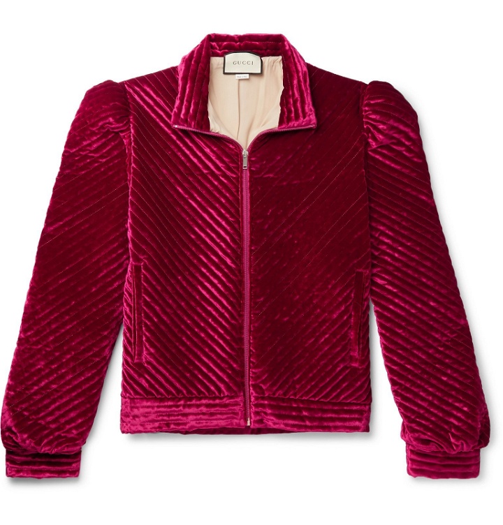 Photo: Gucci - Logo-Jacquard Webbing-Trimmed Quilted Padded Velvet Jacket - Pink