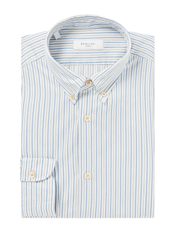 Photo: Boglioli - Button-Down Collar Striped Cotton Shirt - Blue