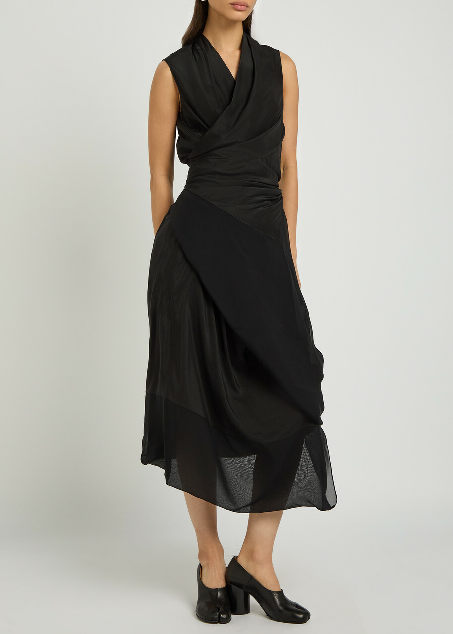 Maison Margiela Gathered Silk Midi Wrap Dress Black