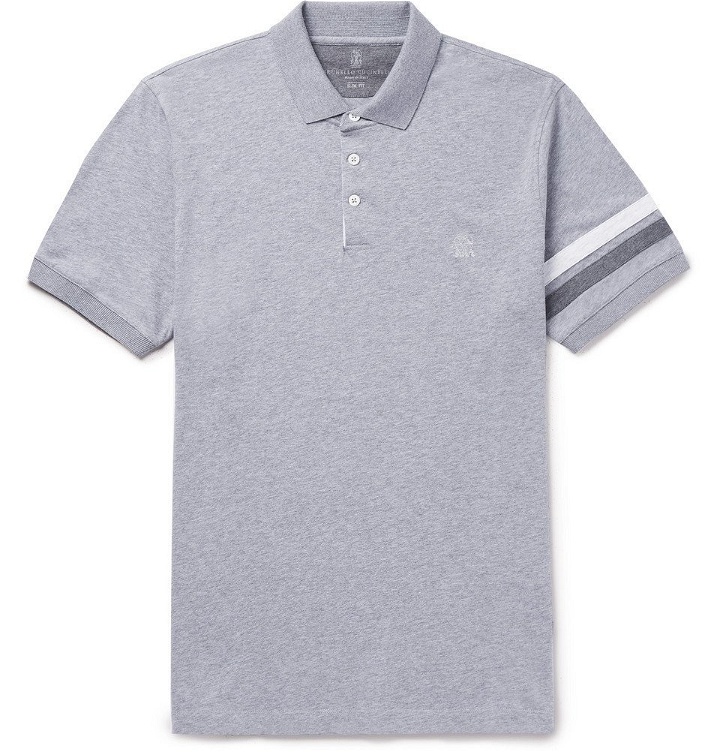 Photo: Brunello Cucinelli - Slim-Fit Appliquéd Mélange Cotton-Jersey Polo Shirt - Men - Gray