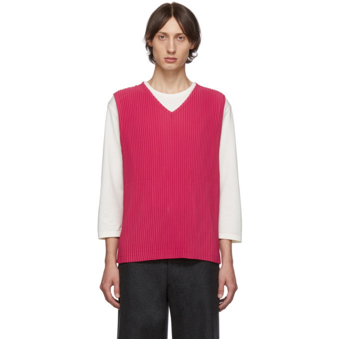 Photo: Homme Plisse Issey Miyake Pink Pleated V-Neck Tank Top