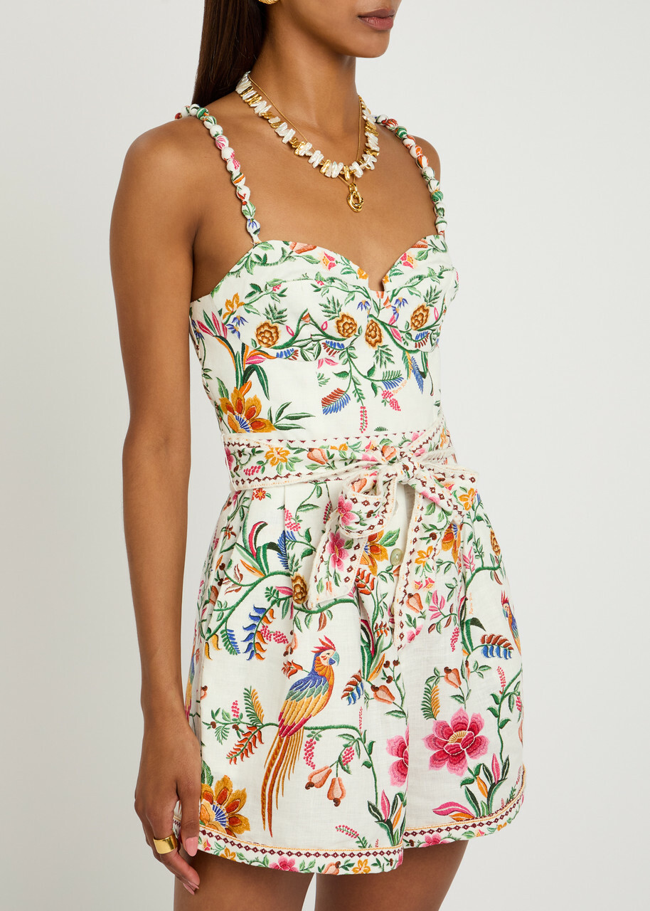 Farm Rio Delicate Forest Printed Linen Romper White