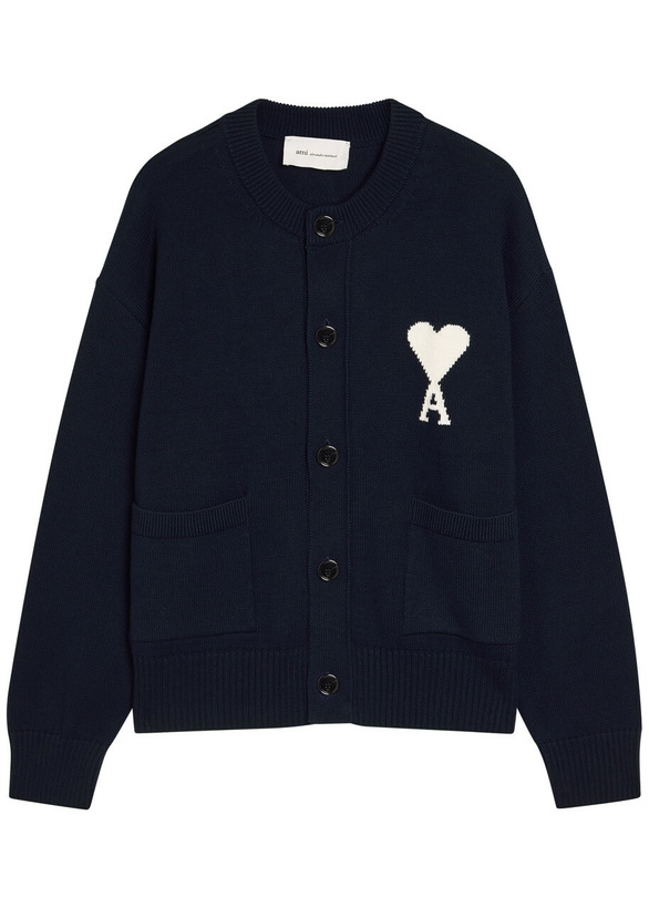 Photo: Ami Paris Logo-intarsia Wool-blend Cardigan Navy