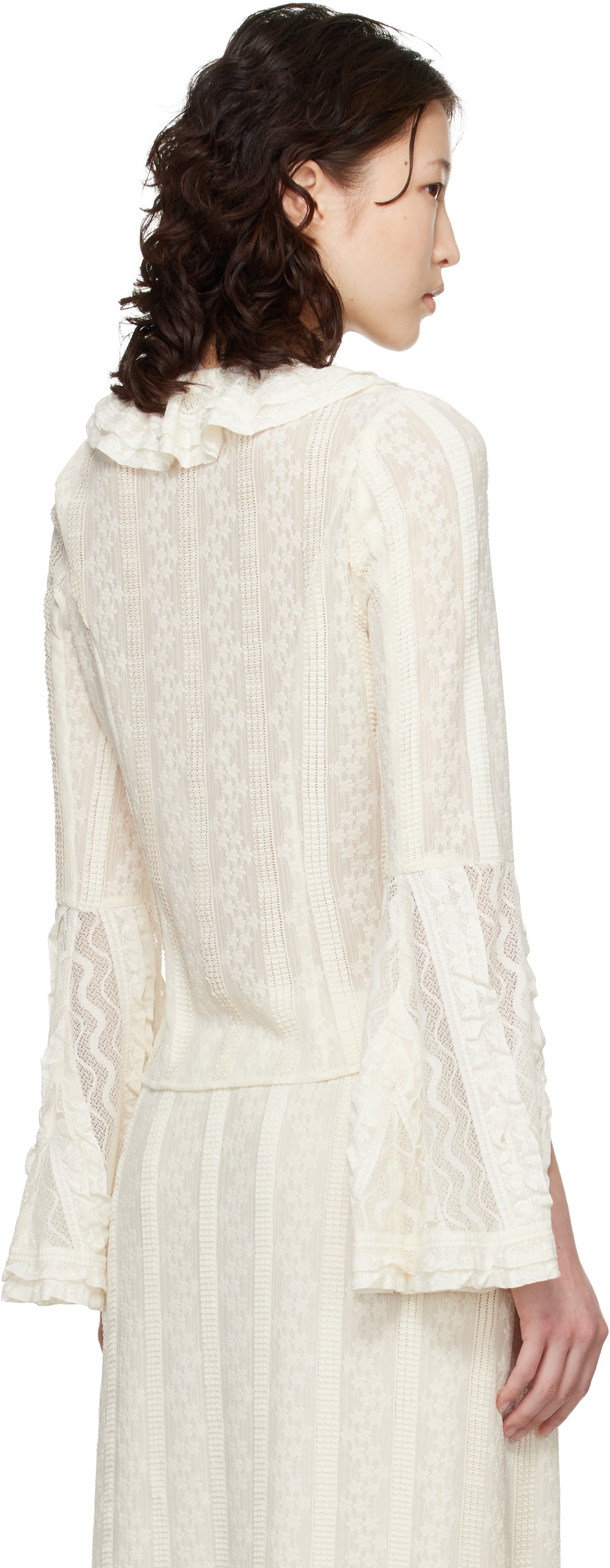 Anna Sui Off-White Floral Ruffle Stretch Lace Blouse
