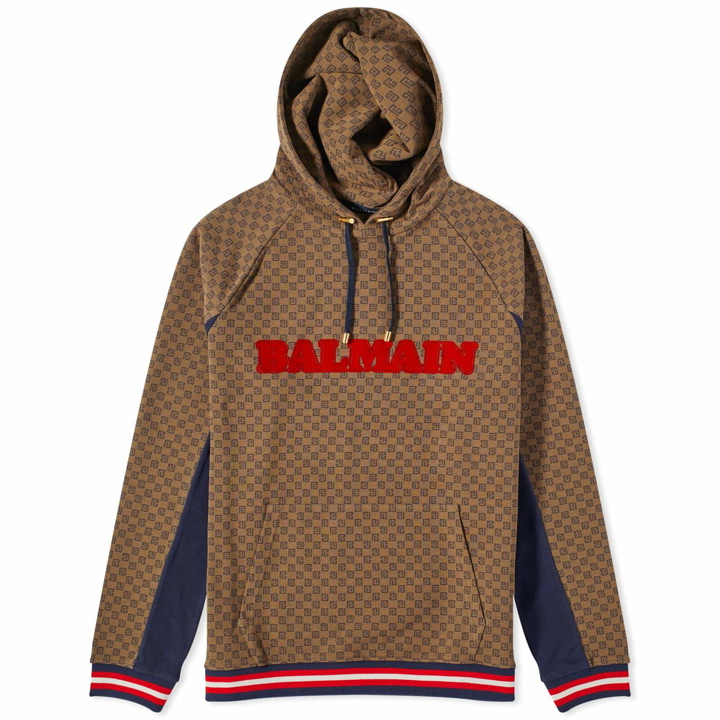 Photo: Balmain Men's Retro Logo Mini Monogram Hoodie in Brown/Navy/Red