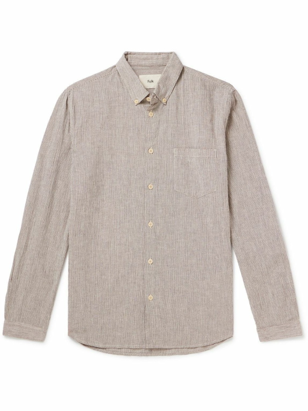 Photo: Folk - Button-Down Collar Striped Cotton, Linen and Ramie-Blend Shirt - Brown