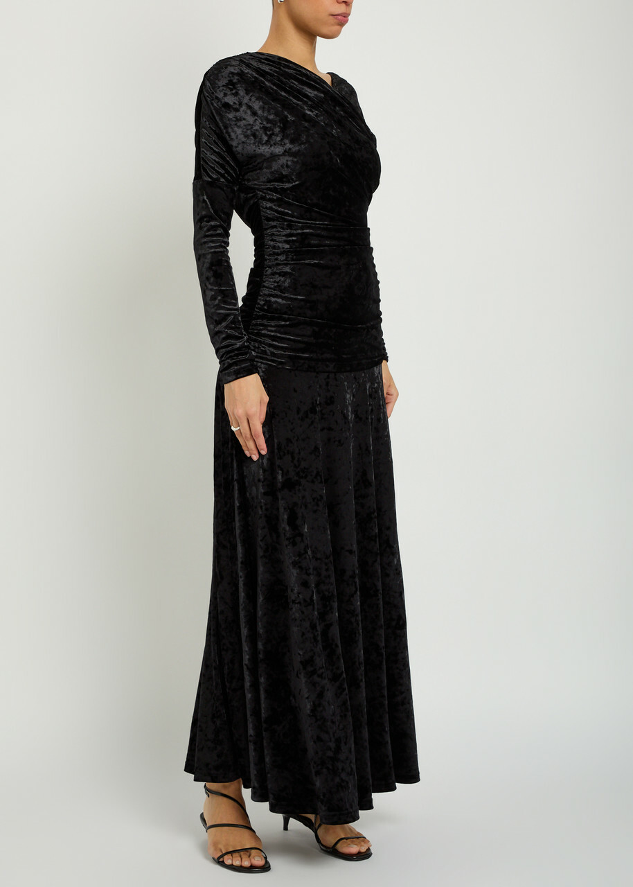 Ganni Ruched Asymmetric Velour Maxi Dress Black