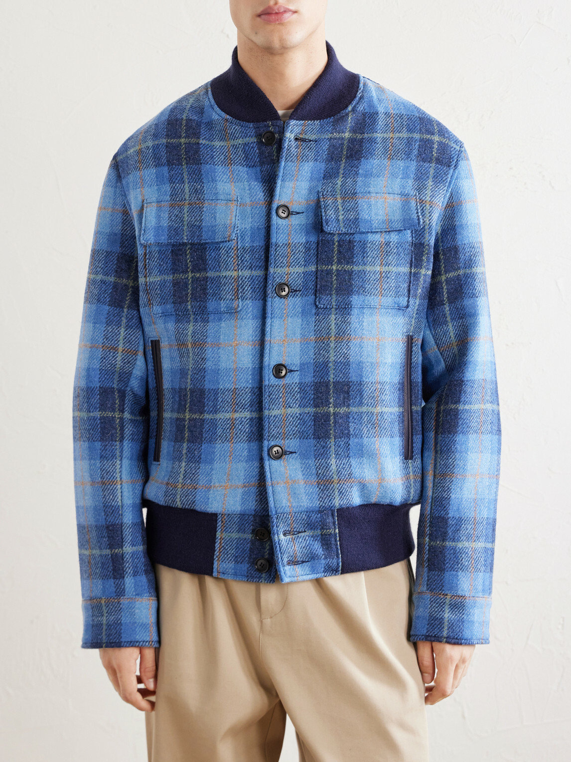 Golden Bear - Leather-Trimmed Wool Harris Tweed Bomber Jacket - Blue