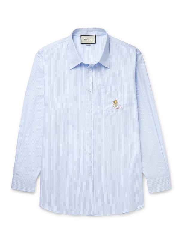 Photo: GUCCI - Embroidered Pinstriped Cotton-Poplin Shirt - Blue