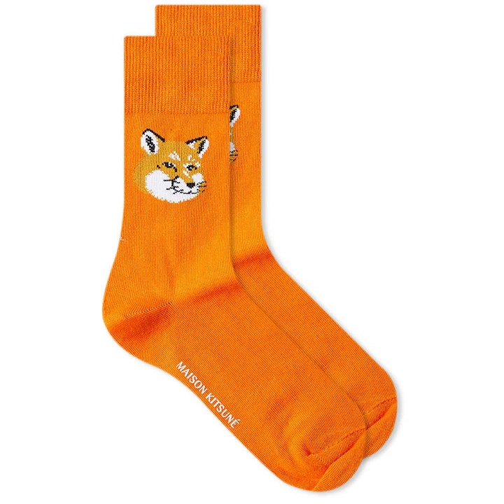 Photo: Maison Kitsuné Men's Fox Head Socks in Neon Orange