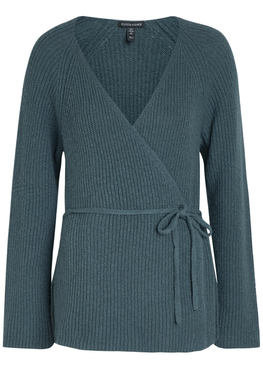 Eileen Fisher Ribbed Cotton-blend Wrap Cardigan Blue