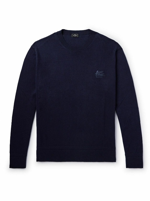 Photo: Etro - Logo-Embroidered Cotton and Cashmere-Blend Sweater - Blue