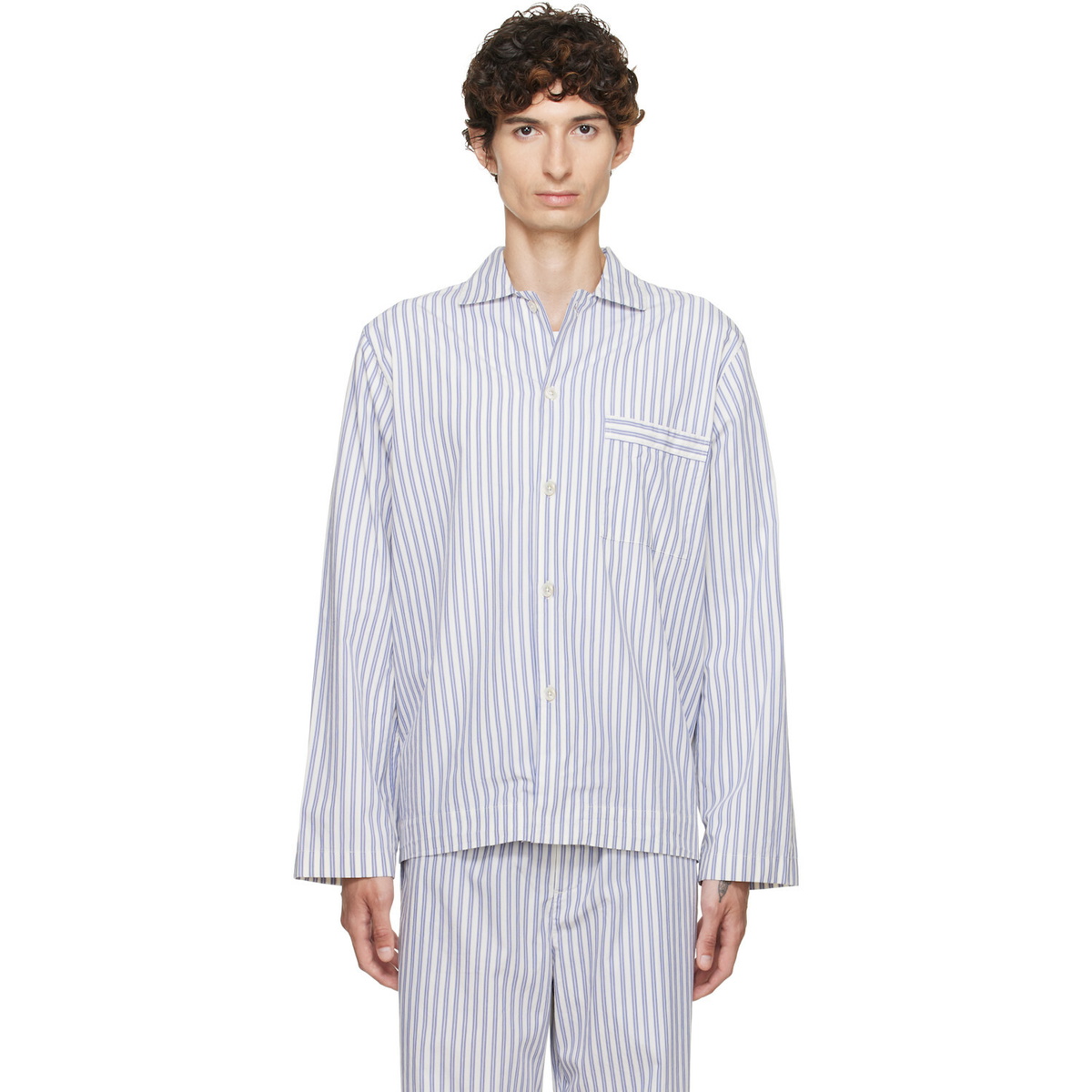 Tekla White & Blue Poplin Long-Sleeved Pyjama Shirt