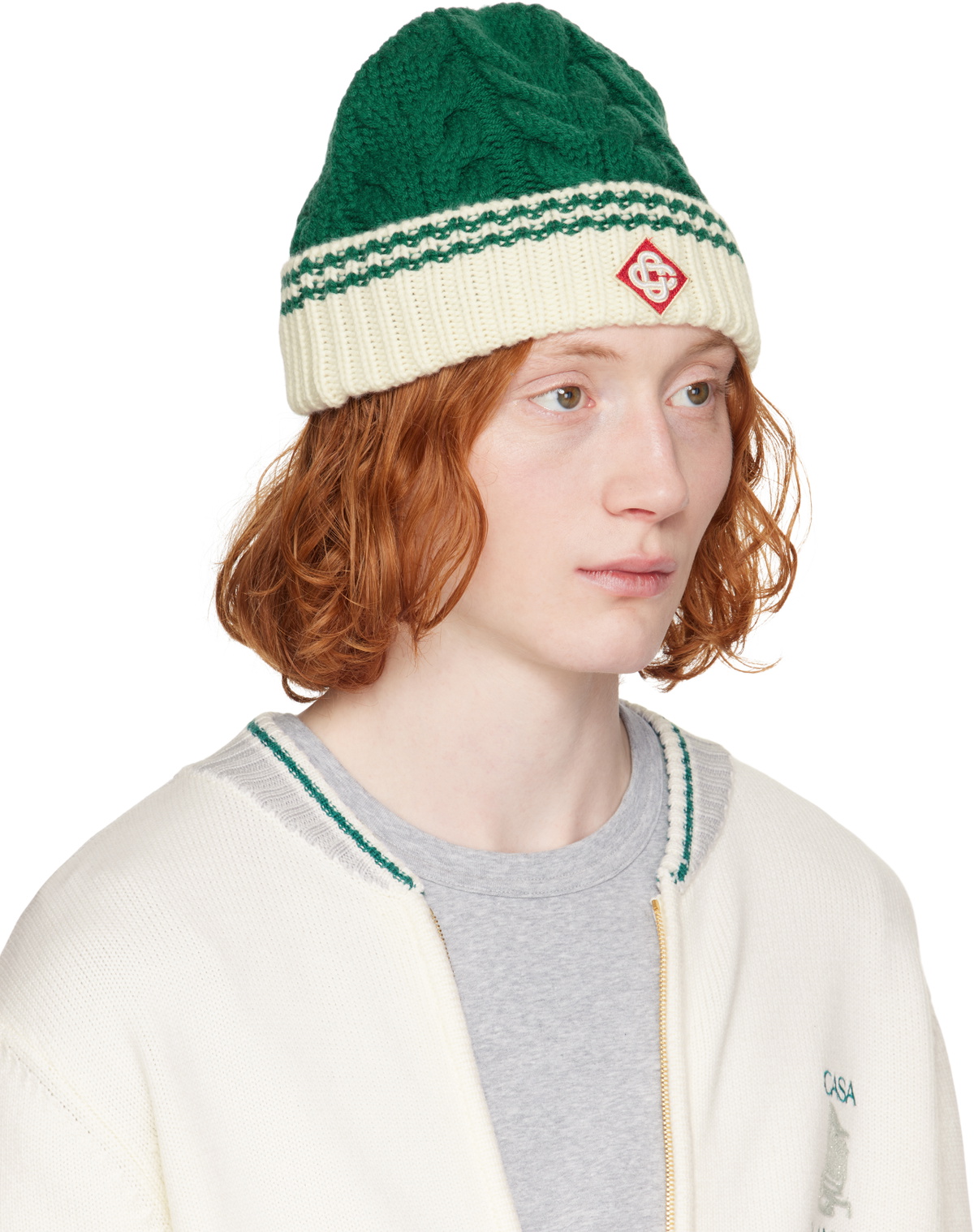 Casablanca Green & Off-White Cable Stitch Beanie