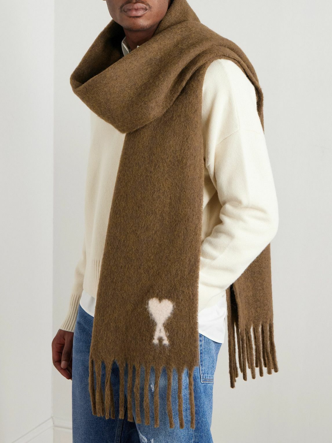 AMI PARIS - Logo-Intarsia Fringed Alpaca-Blend Scarf