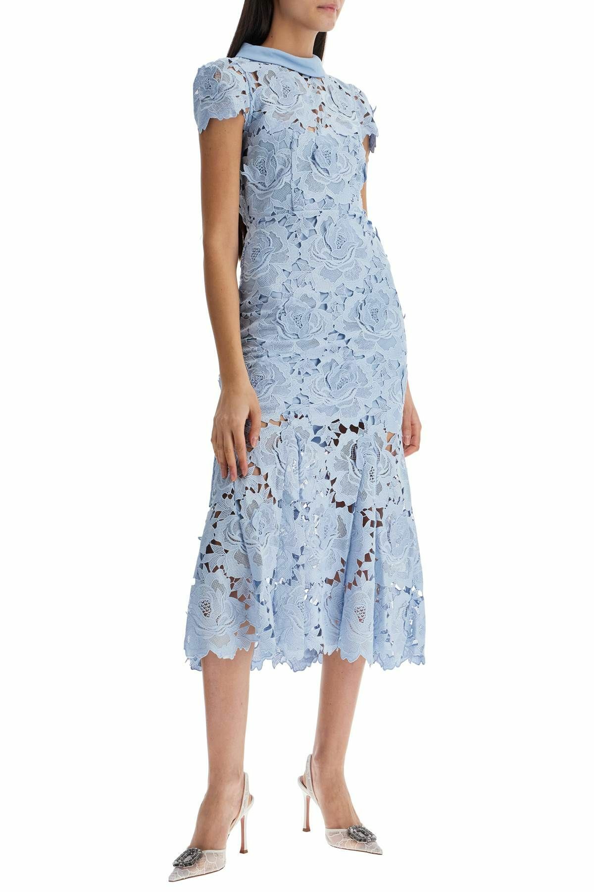 blue and white floral dress formal Open-Back Blue Floral-Print Long White Lace Prom Dress Blue/Print / 6