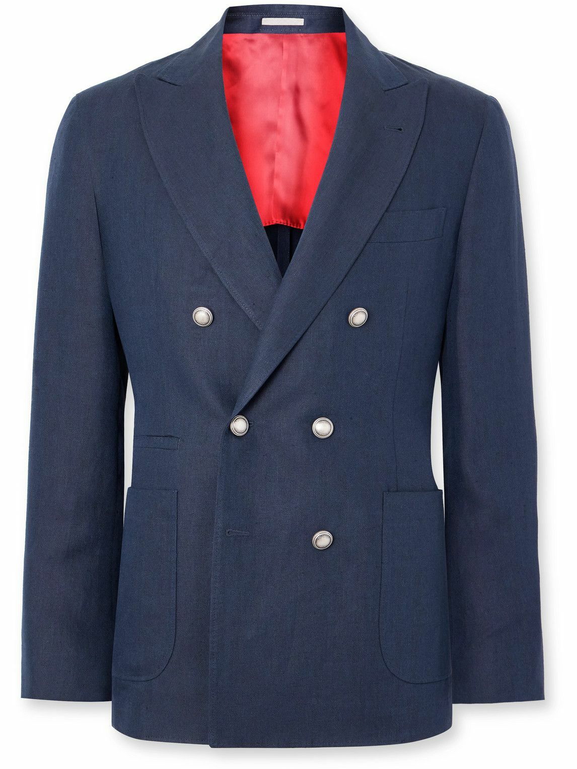 Brunello Cucinelli - Double-Breasted Herringbone Linen Suit Jacket ...