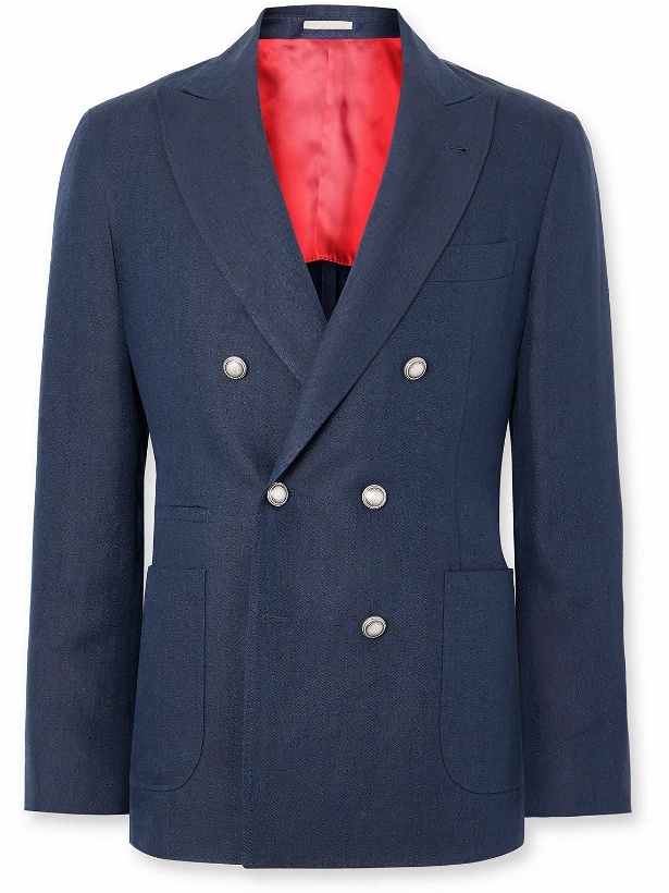 Photo: Brunello Cucinelli - Double-Breasted Herringbone Linen Suit Jacket - Blue