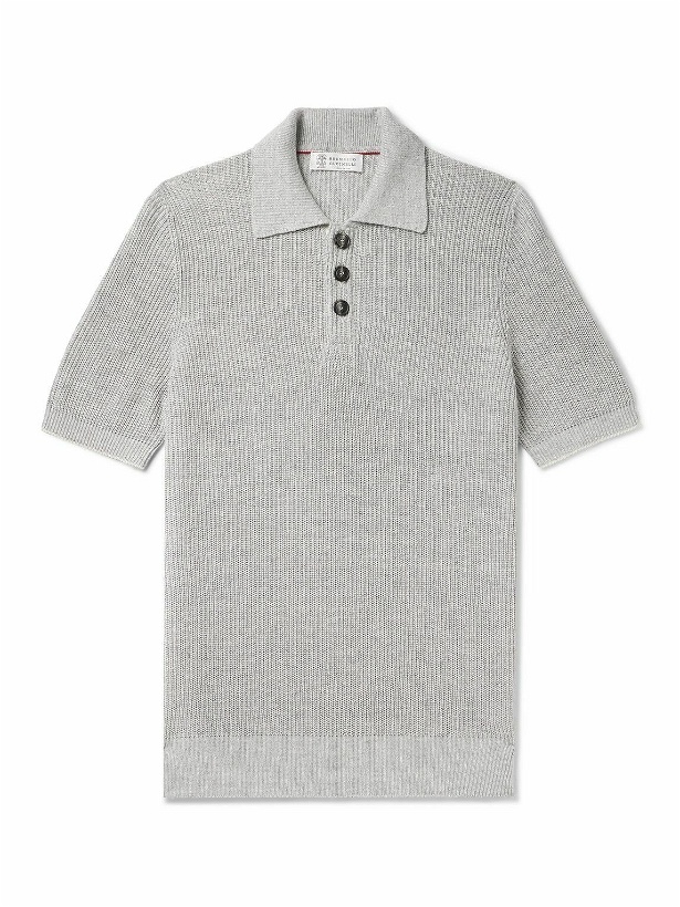 Photo: Brunello Cucinelli - Ribbed Cotton and Linen-Blend Polo Shirt - Gray