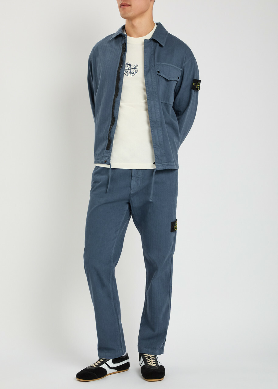 Stone Island Logo-appliquéd Herringbone Cotton Trousers Blue Dark