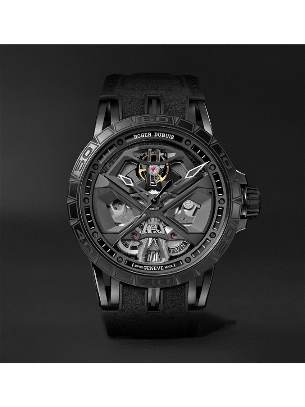 Photo: ROGER DUBUIS - Excalibur Huracán Automatic Skeleton 45mm DLC-Coated Titanium and Rubber Watch, Ref. No. RDDBEX0829 - Gray