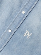 Palm Angels - Logo-Embroidered Leather-Trimmed Denim Shirt - Blue