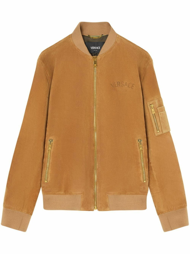 Photo: Versace Brown Logo-Debossed Suede Jacket