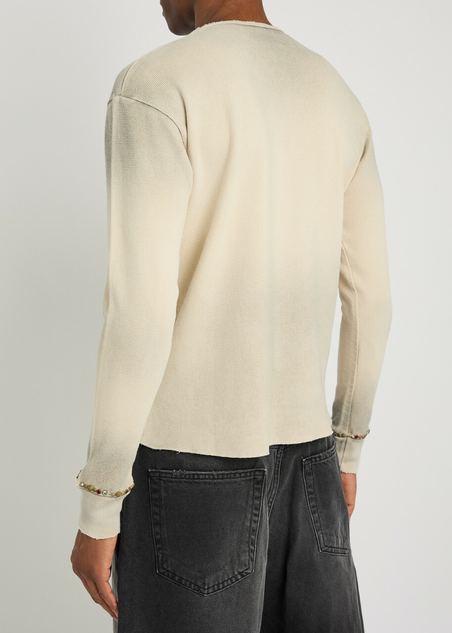 Satoshi Nakamoto Distressed Long-sleeve Waffle Cotton T-shirt White