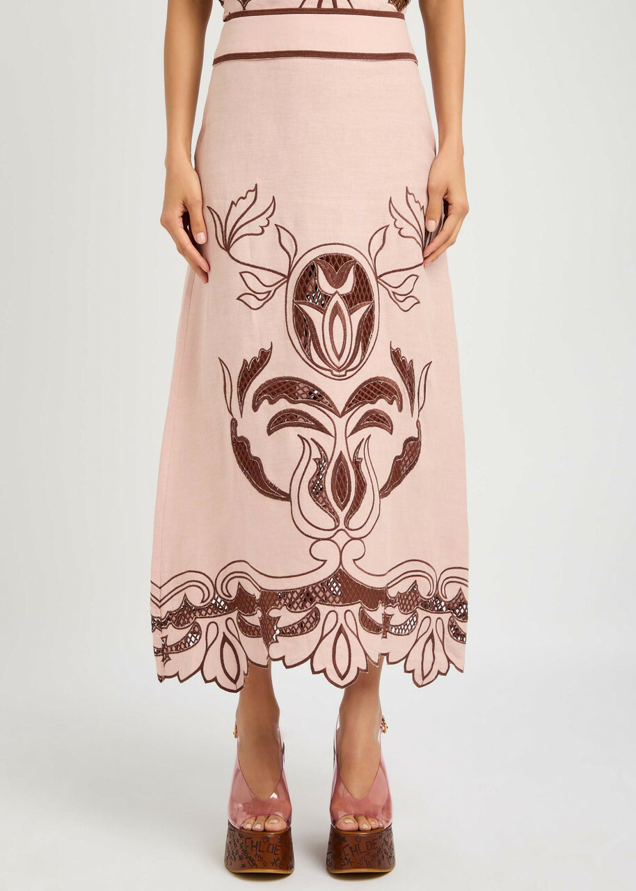 Lug Von Siga Rosalie Embroidered Linen Midi Skirt Pink