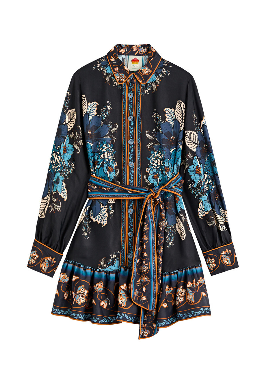 Farm Rio Blossom Tapestry Floral-print Satin Mini Dress Black Farm Rio Farm Rio Blossom Tapestry Floral-print Satin Mini Dress Black Farm Rio