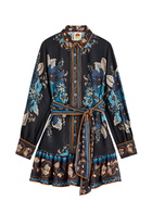 Farm Rio Blossom Tapestry Floral-print Satin Mini Dress Black