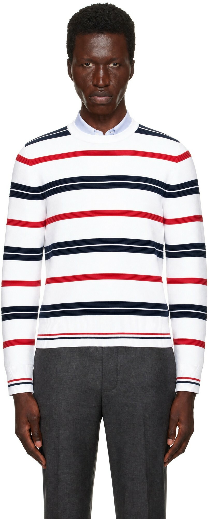 Thom Browne White Rep Stripe RWB Pullover Sweater