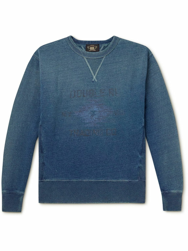 Photo: RRL - Distressed Indigo-Dyed Logo-Print Cotton-Jersey Sweatshirt - Blue