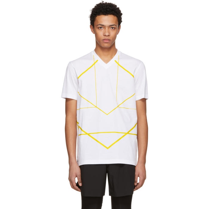 Photo: BLACKBARRETT by Neil Barrett White and Yellow Symmetric Lines V-Neck T-Shirt