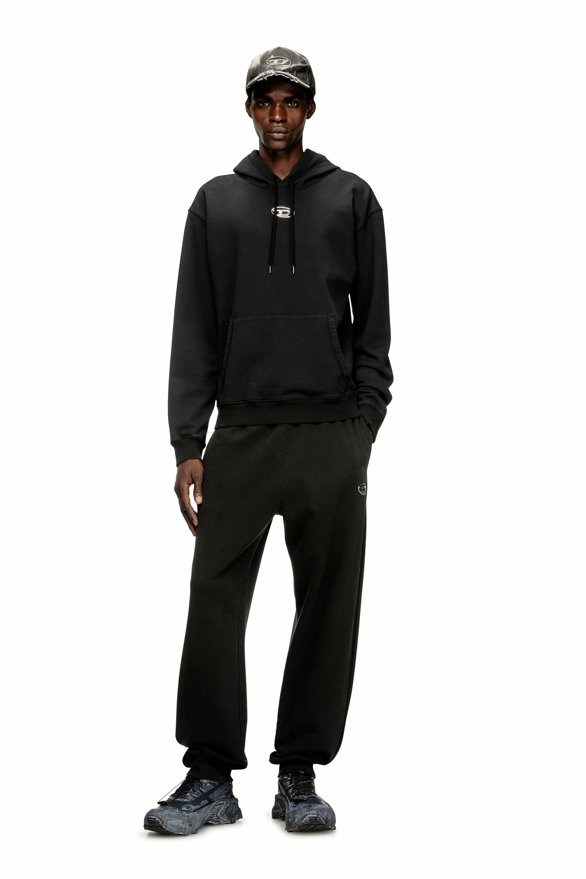 Diesel Cotton hoodie with metallic Oval D - Sweaters Mens in Black