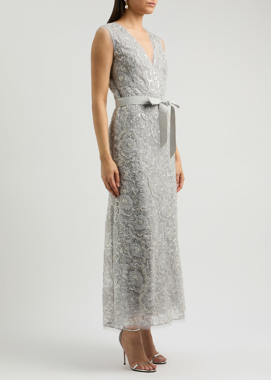 Huishan Zhang Esma Embellished Tulle Maxi Dress Silver