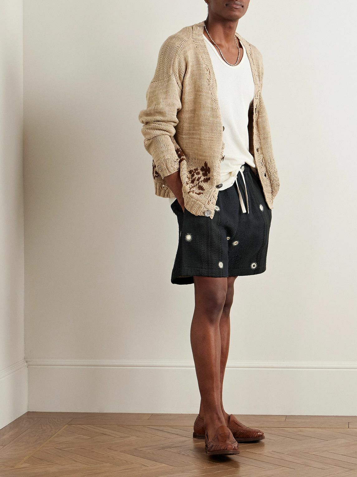 Kartik Research - Straight-Leg Embellished Kantha Cotton Drawstring Shorts - Black