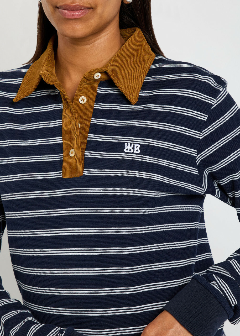 Wales Bonner Reflect Striped Piqué Cotton Polo Shirt Navy