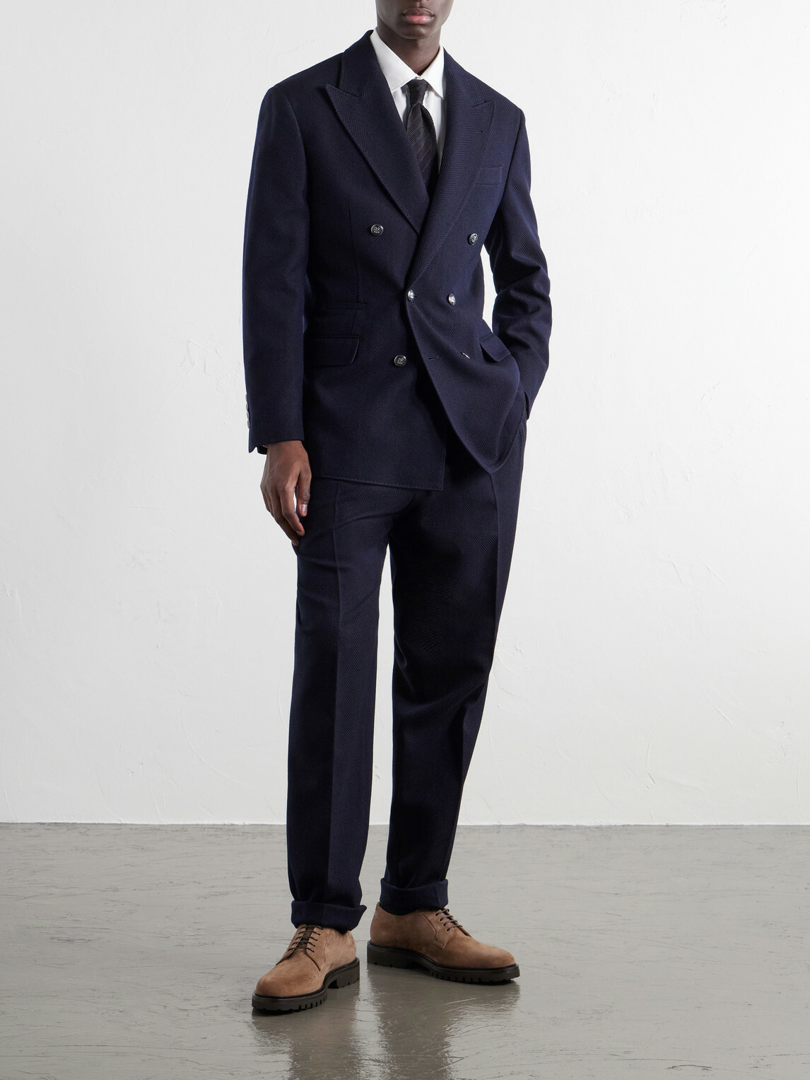 Brunello Cucinelli - Tapered Pleated Wool and Cotton-Blend Herringbone Suit Trousers - Blue