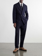 Brunello Cucinelli - Tapered Pleated Wool and Cotton-Blend Herringbone Suit Trousers - Blue